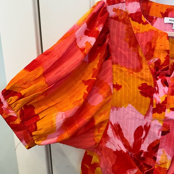 Rose + Olive Floral Balloon Sleeve Tie Front Blouse Orange Pink XS - Picture 5 of 6